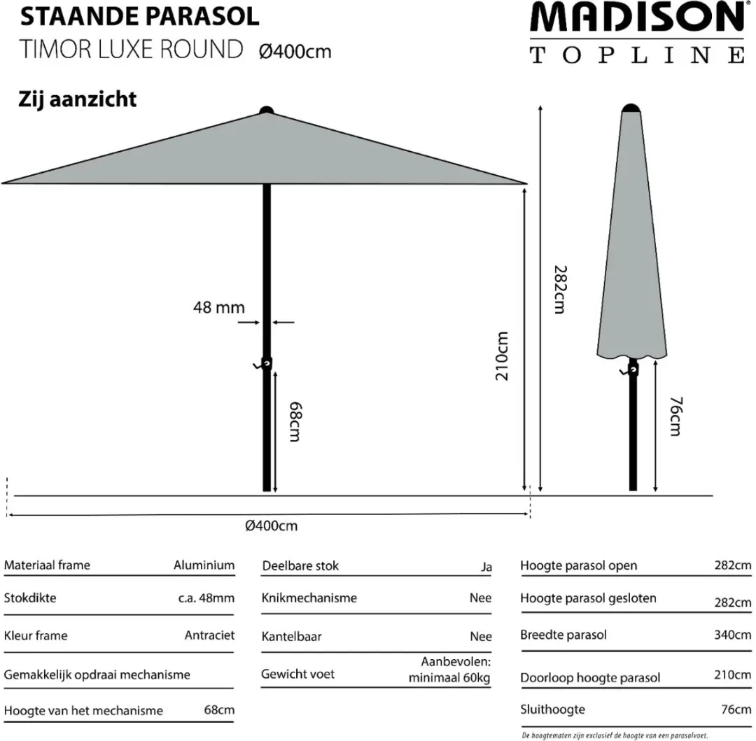 Madison Timor Luxe Stokparasol Ø400cm - Grijs - afbeelding 2 van 6