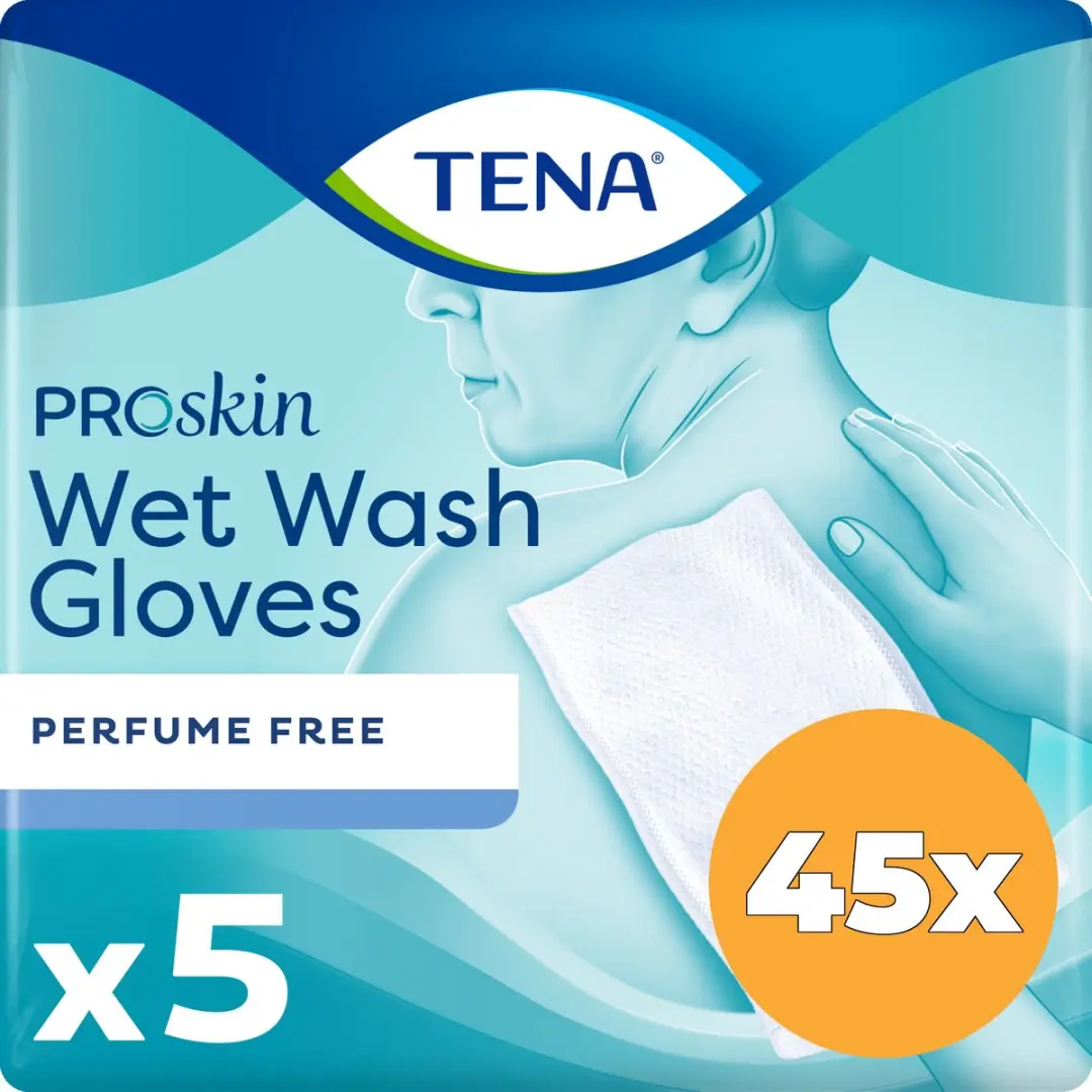 45x Tena Wet gloves cleans & care lotion no perfume (5 stuks)