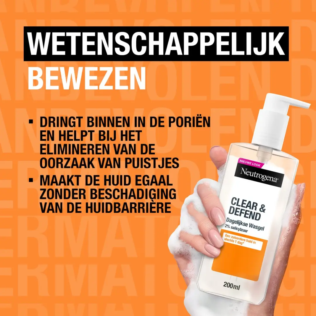 Neutrogena Clear & Defend Dagelijkse Wasgel met Salicylzuur, Ontwikkeld met Dermatologen, Geschikt voor Gevoelige Huidtypes, Parfumvrij, 200ml