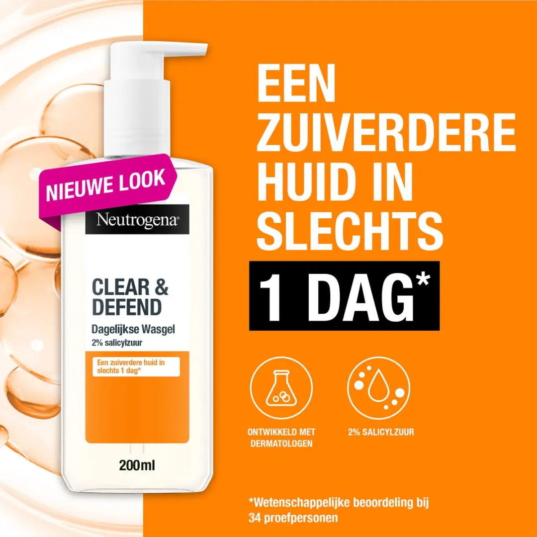 Neutrogena Clear & Defend Dagelijkse Wasgel met Salicylzuur, Ontwikkeld met Dermatologen, Geschikt voor Gevoelige Huidtypes, Parfumvrij, 200ml