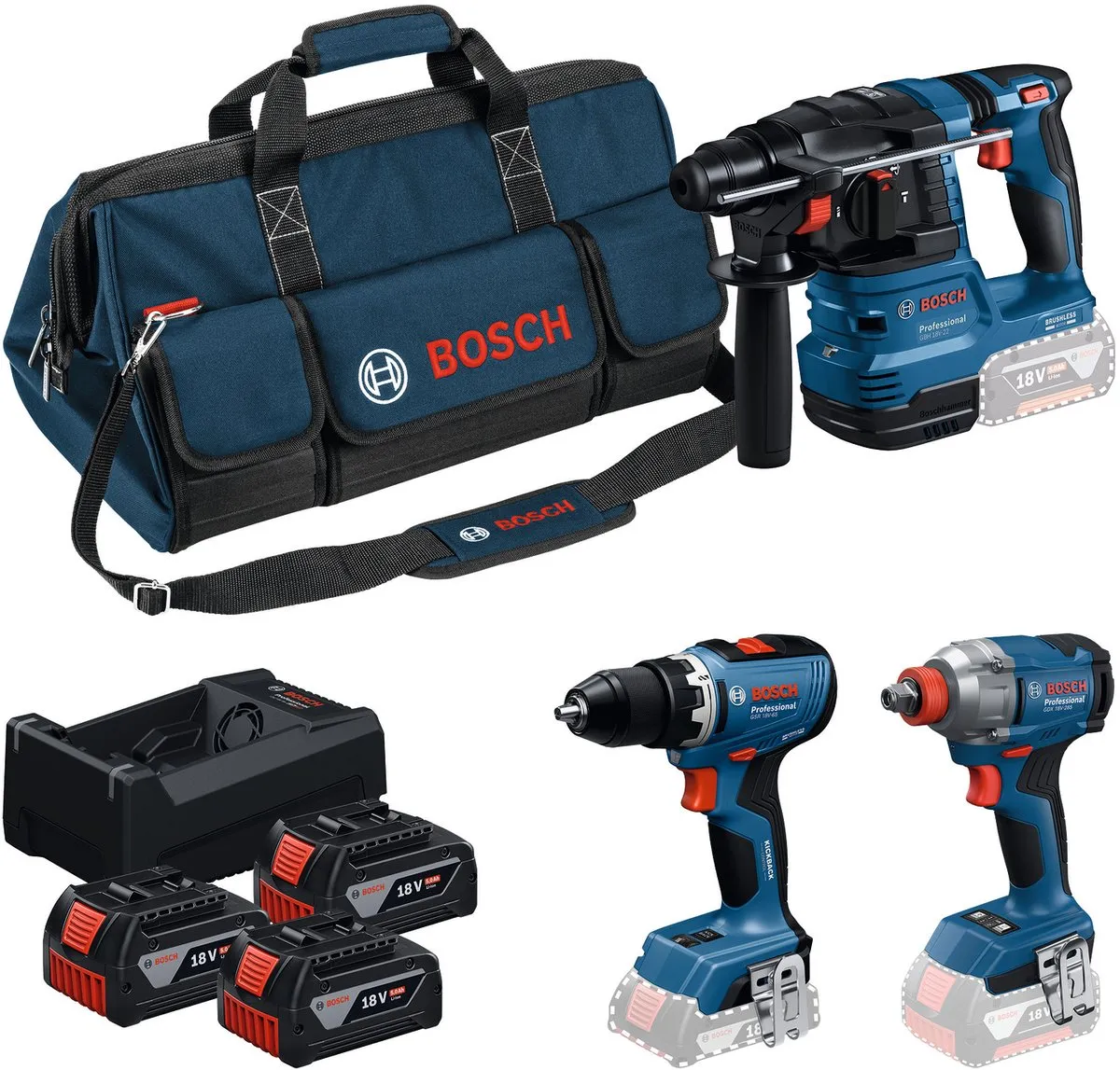 Bosch Professional 18V Toolkit GSR 18V-65 GDX 18V-285 GBH 18V-22 - 3x GBA 5.0Ah