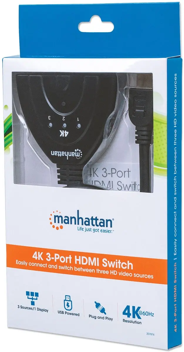 Manhattan 207874 HDMI Video Switch 3 Poorten - Zwart - afbeelding 2 van 6