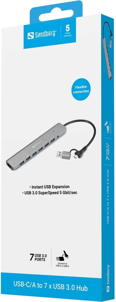 Sandberg 136-66 Interface Hub USB 3.2 - 7 Poorten - Grijs - afbeelding 2 van 5