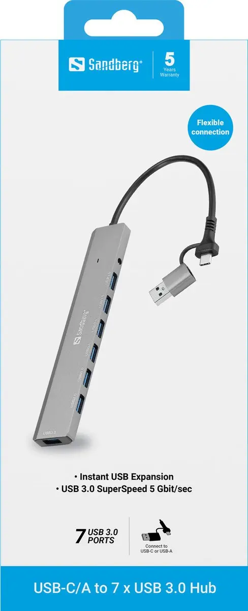 Sandberg 136-66 Interface Hub USB 3.2 - 7 Poorten - Grijs - afbeelding 3 van 5
