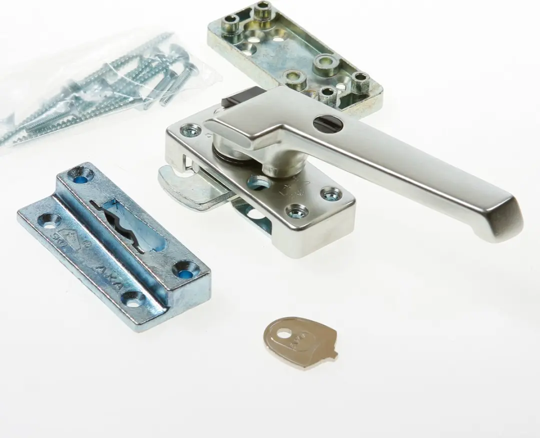 AXA Veiligheids Raamsluiting (model 3320) Aluminium Champagne: Afsluitbaar met druk/draaiknop, rechts naar buiten draaiend. SKG*