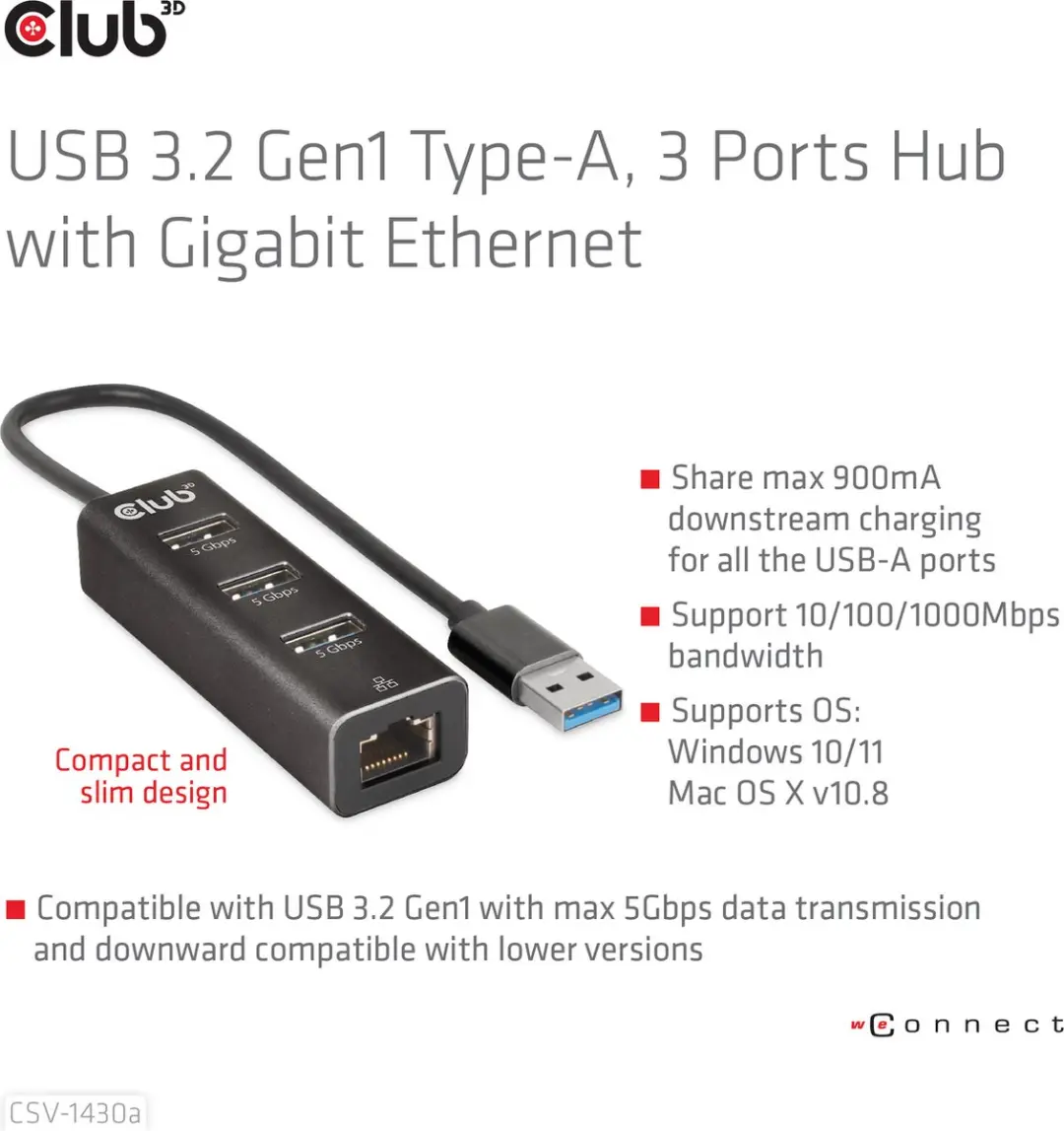 Club3D CSV-1430A USB Hub 3x USB-A - Gigabit Ethernet - Zwart - afbeelding 5 van 6