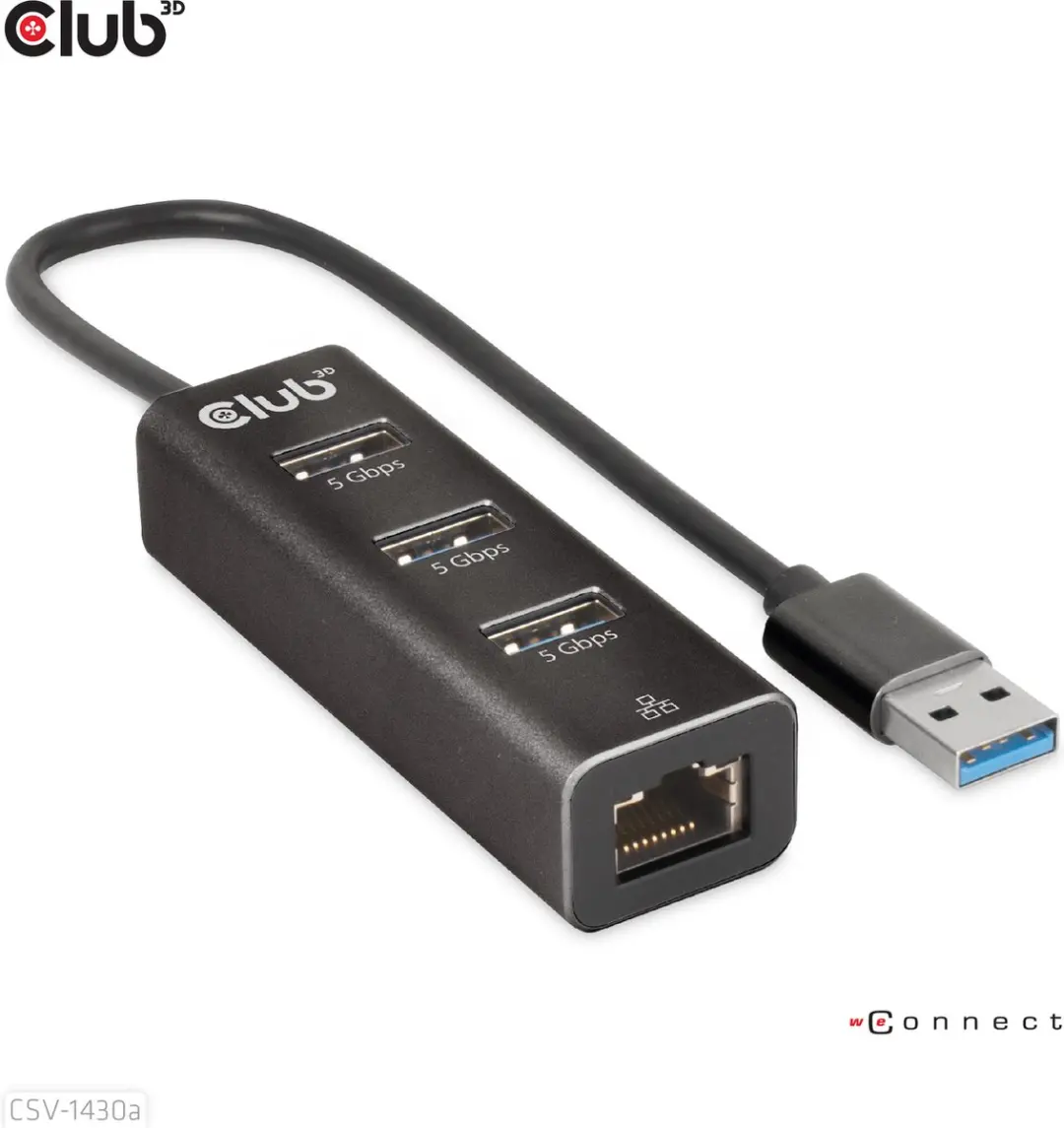 Club3D CSV-1430A USB Hub 3x USB-A - Gigabit Ethernet - Zwart - afbeelding 4 van 6
