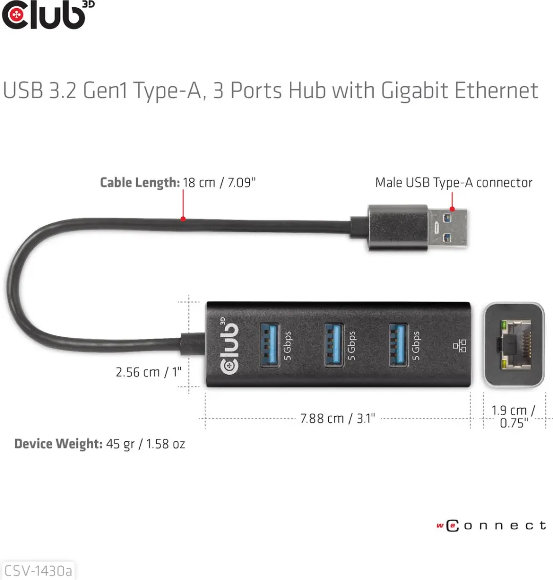 Club3D CSV-1430A USB Hub 3x USB-A - Gigabit Ethernet - Zwart - afbeelding 3 van 6