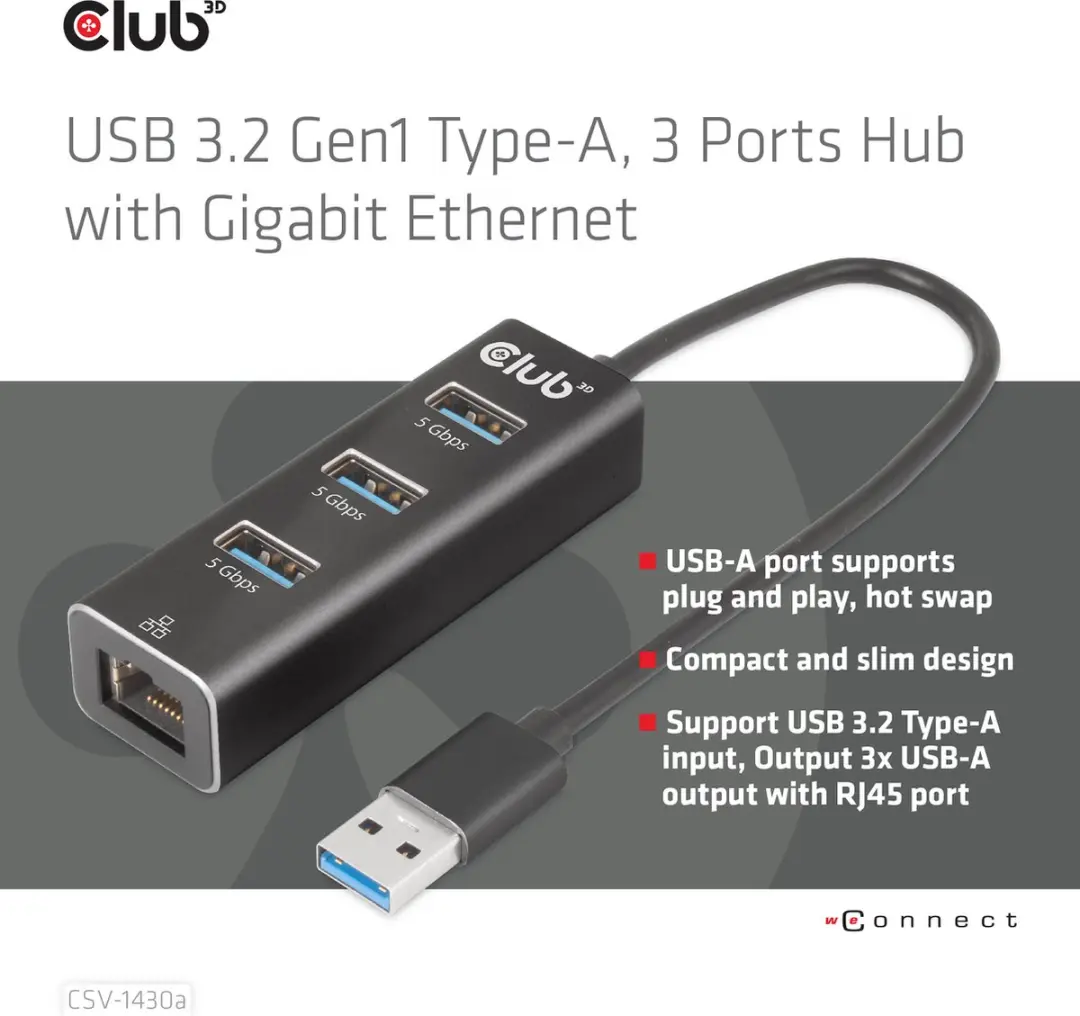 Club3D CSV-1430A USB Hub 3x USB-A - Gigabit Ethernet - Zwart - afbeelding 6 van 6