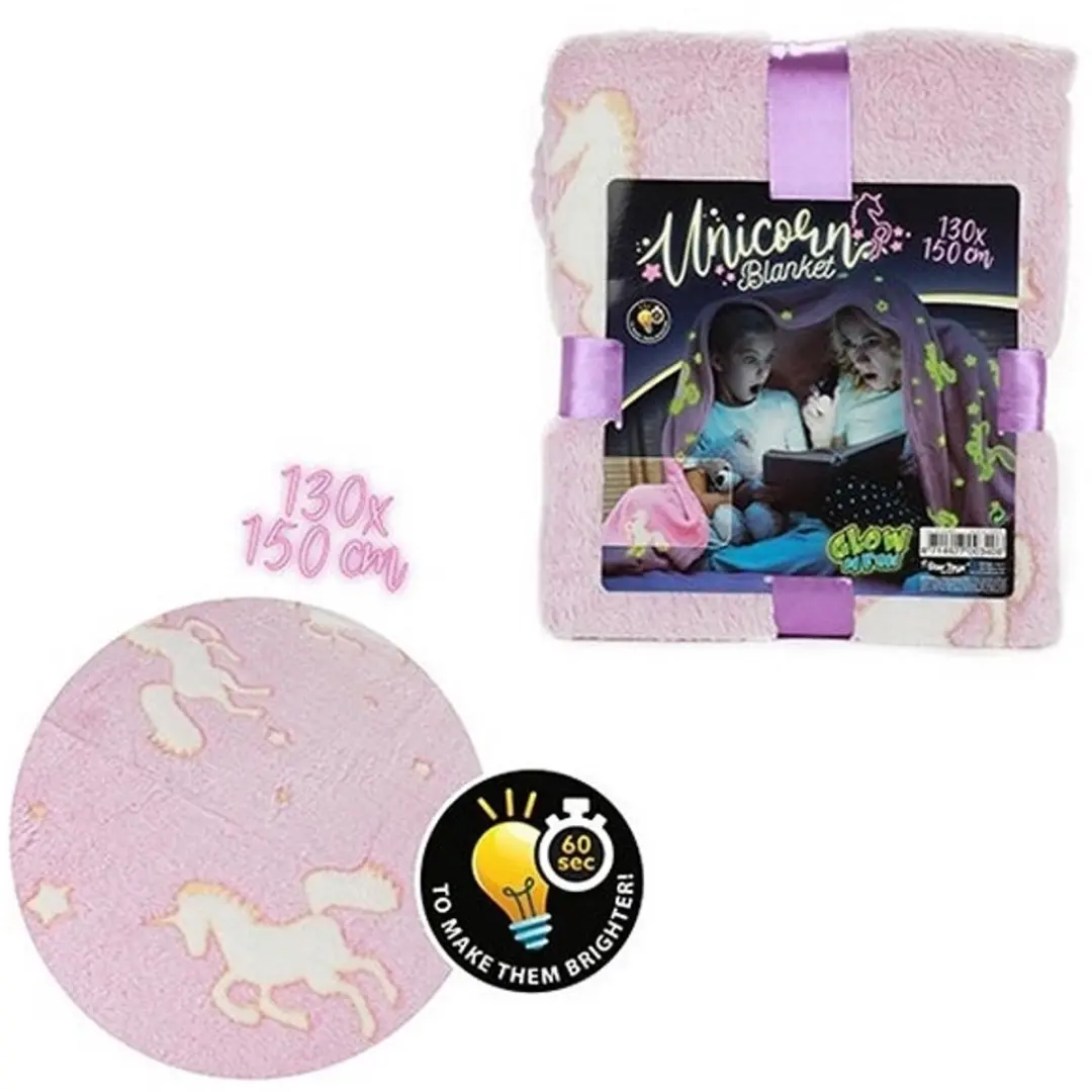 Toi-Toys Glow in the Dark Deken Eenhoorn 130x150cm - Roze