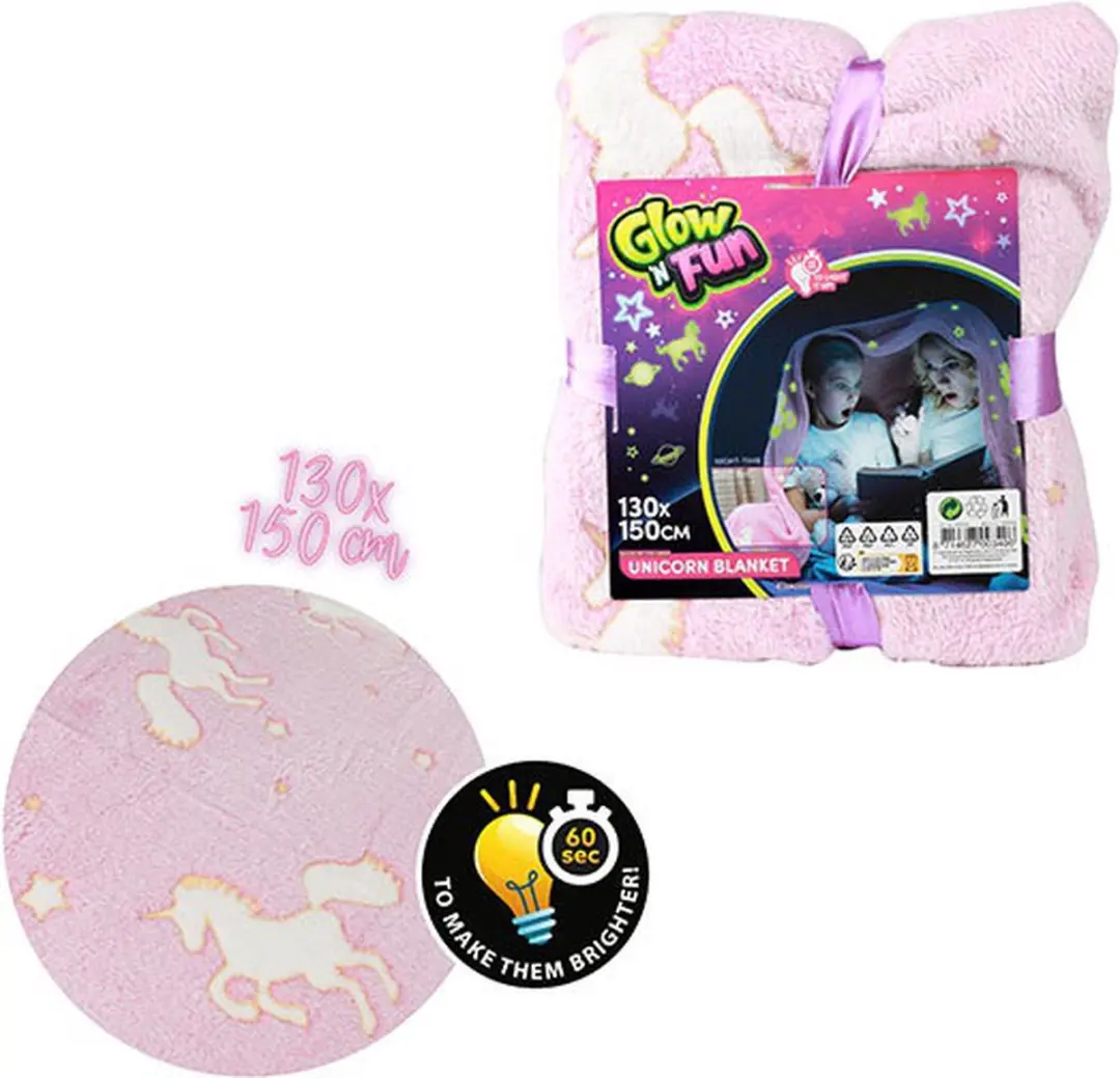 Toi-Toys Glow in the Dark Deken Eenhoorn 130x150cm - Roze