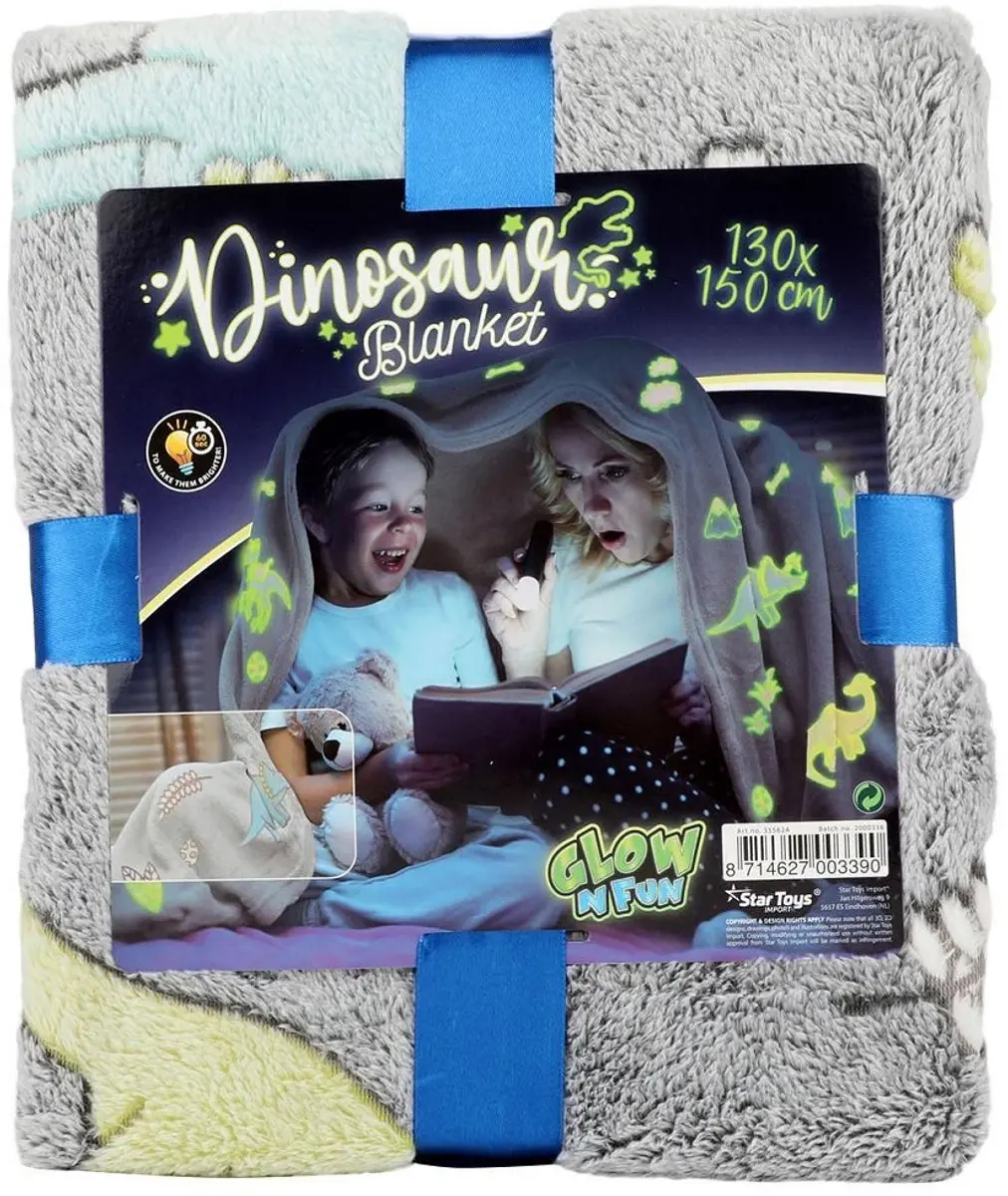 Toi-Toys Glow in the Dark Deken Dino 130x150cm - Multicolor