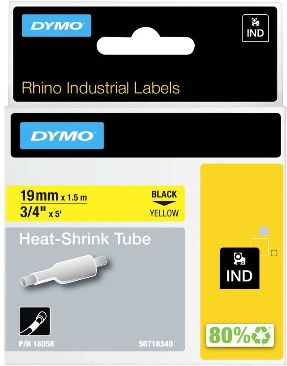 DYMO Rhino S0718340 Heat-Shrink Labels 19mm x 1,5m - Zwart op Geel