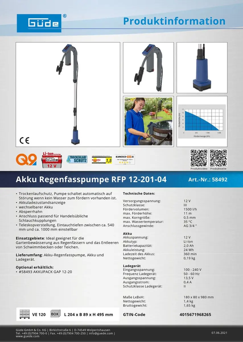 Güde Accu Regentonpomp RFP 12V - 1500 l/u - afbeelding 2 van 6
