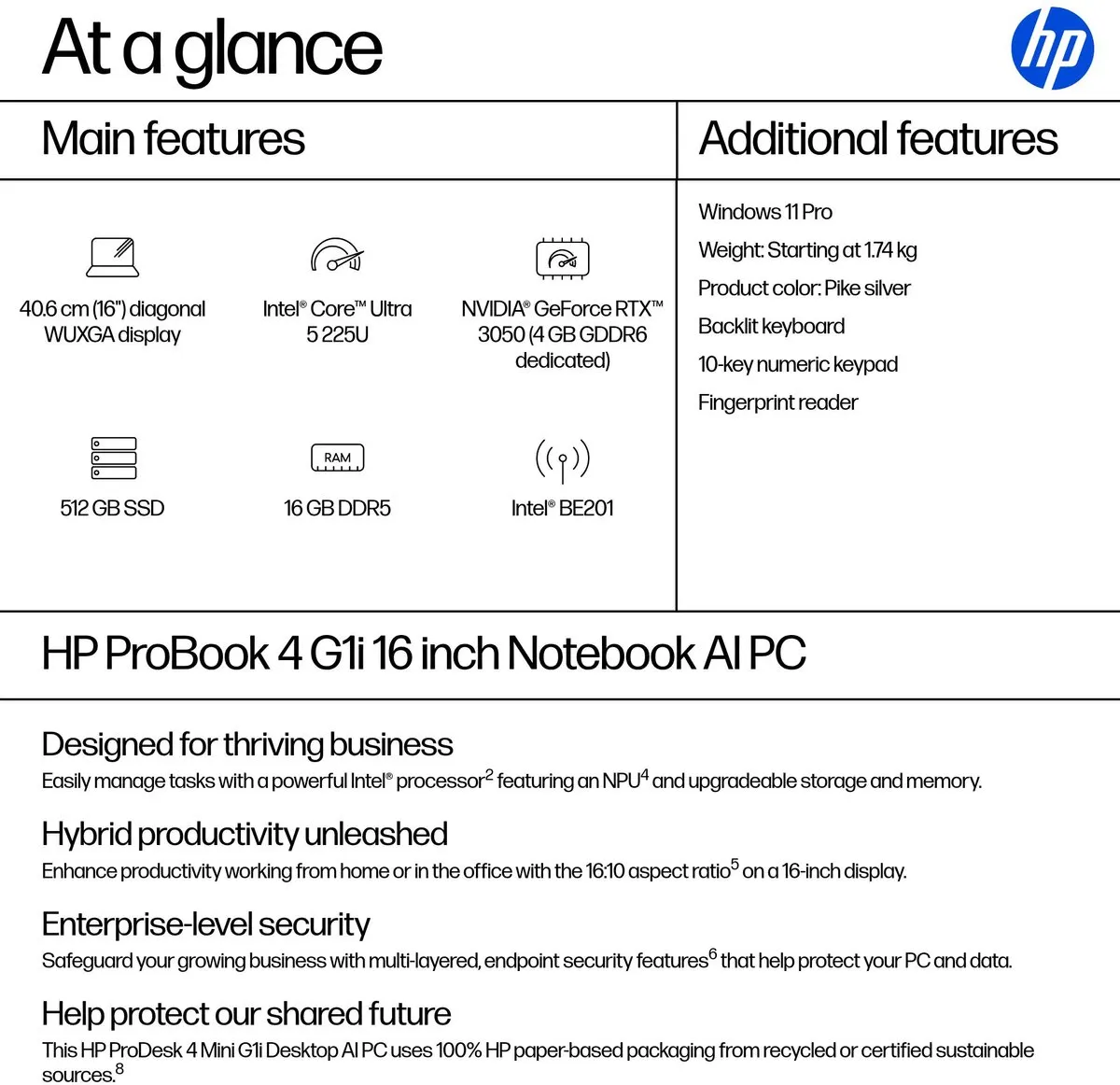 HP ProBook 4 G1i AI Laptop 16" WUXGA - 16GB 512GB SSD - Zilver - afbeelding 6 van 6