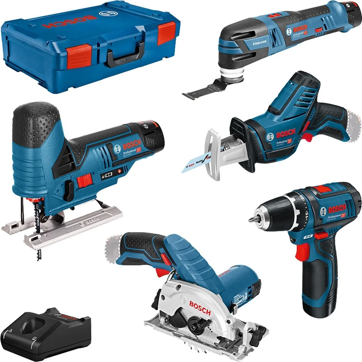Bosch Professional 5 Toolkit GSR 12V-15 GOP 12V-28 GST 12V-70 GKS 12V-26 GSA 12V-14 - 3 Accu's