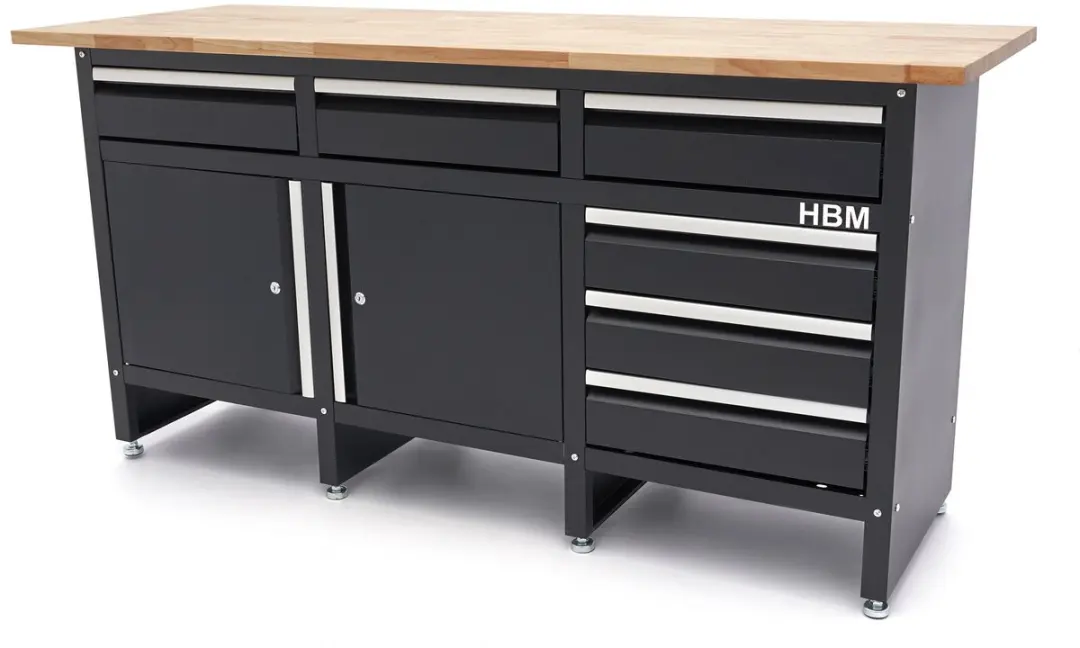 HBM 171 Cm Werkbank Met 6 Laden 2 Deuren en Massief Houten Werkblad