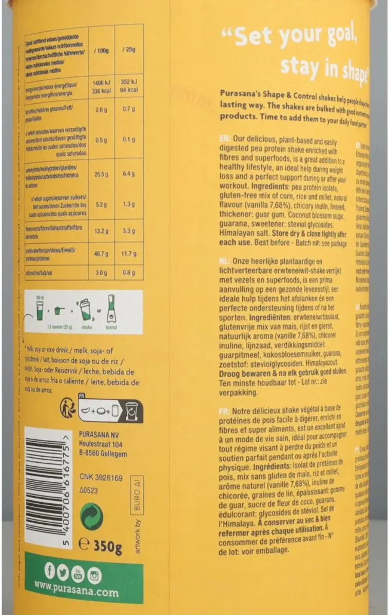 Purasana Shape & Control Proteïne Shake Vanilla Vegan 350g