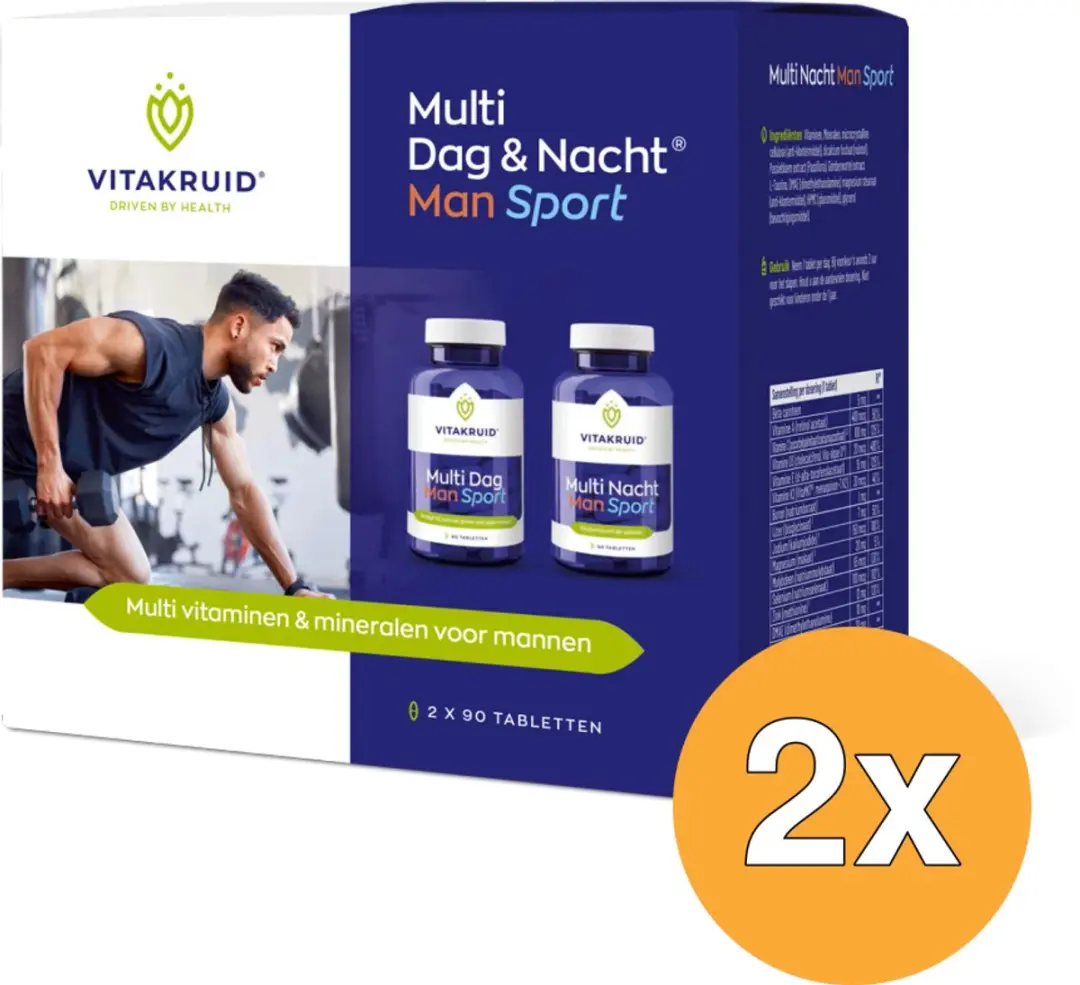2x Vitakruid Multi Dag & Nacht Man Sport 100% Vegan (2 x 90 tabletten)
