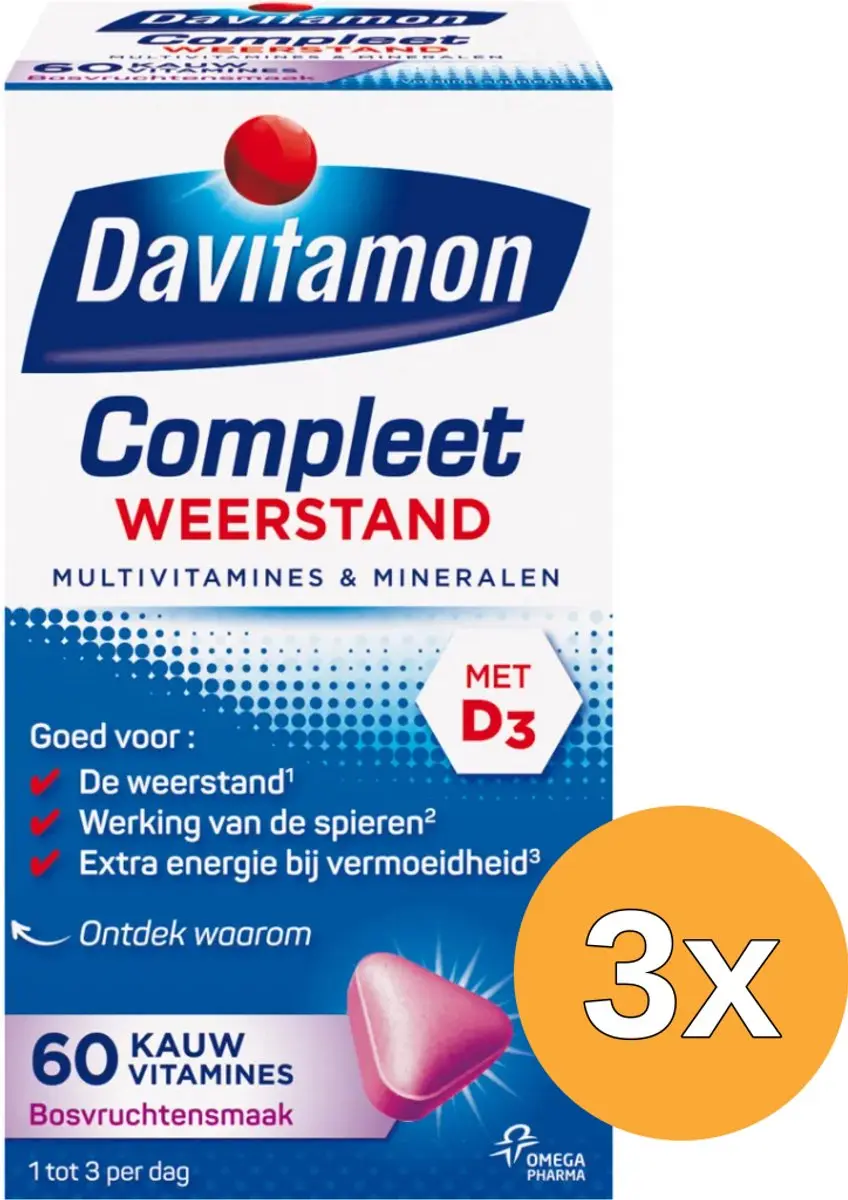 3x Davitamon Compleet weerstand kauwvitamines bosvruchten (60 tabletten)