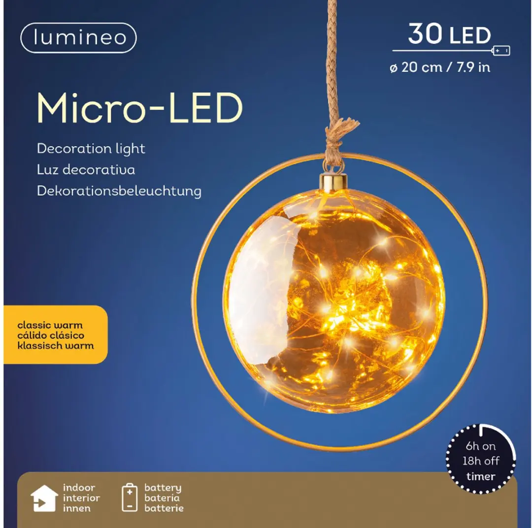 Lumineo Kerstbal 30 LED - 20cm - Amber - Oranje licht