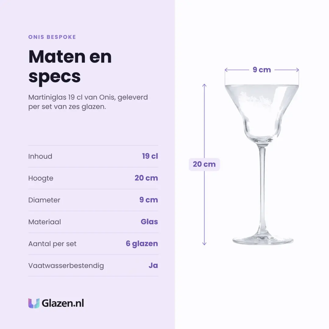 Onis Bespoke Martini- en Espresso Martini Glazen 19cl - Set van 6 - Transparant