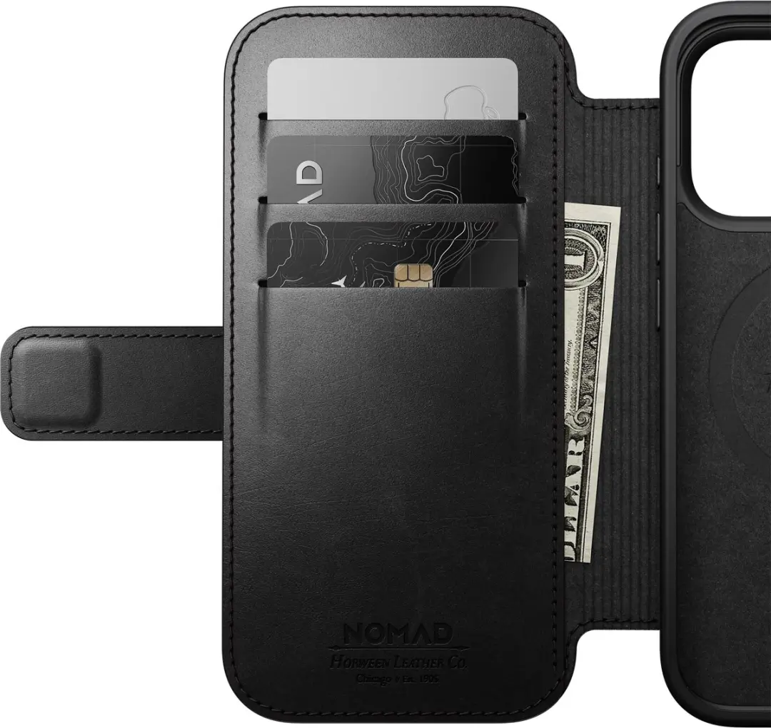 NOMAD Modern Horween Lederen Folio iPhone 18 Pro - 3 Kaartsleuven - Zwart - afbeelding 2 van 6