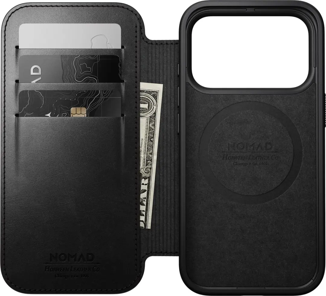 NOMAD Modern Horween Lederen Folio iPhone 18 Pro - 3 Kaartsleuven - Zwart - afbeelding 3 van 6