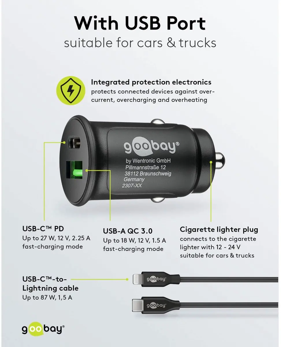 Goobay 72165 Autoladerset 27W - USB-C/USB-A - 1m Kabel - Zwart