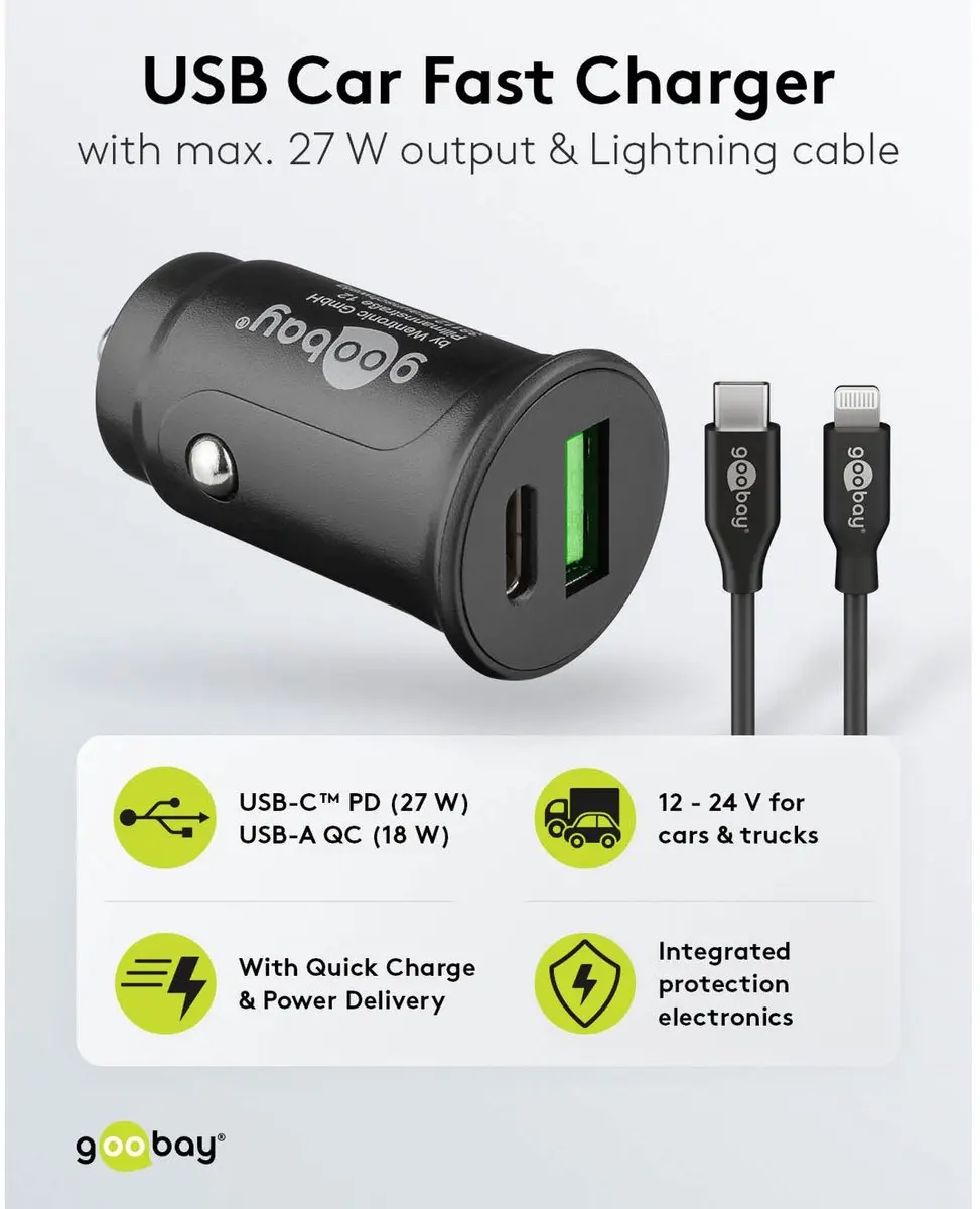Goobay 72165 Autoladerset 27W - USB-C/USB-A - 1m Kabel - Zwart