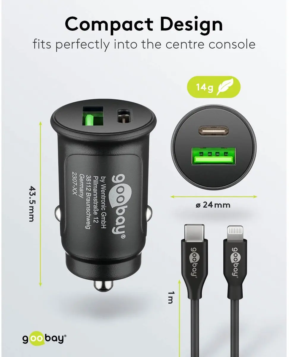Goobay 72165 Autoladerset 27W - USB-C/USB-A - 1m Kabel - Zwart