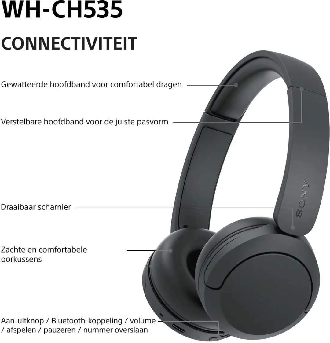 Sony WH-CH535 Draadloze On-Ear Koptelefoon - Zwart - afbeelding 5 van 6