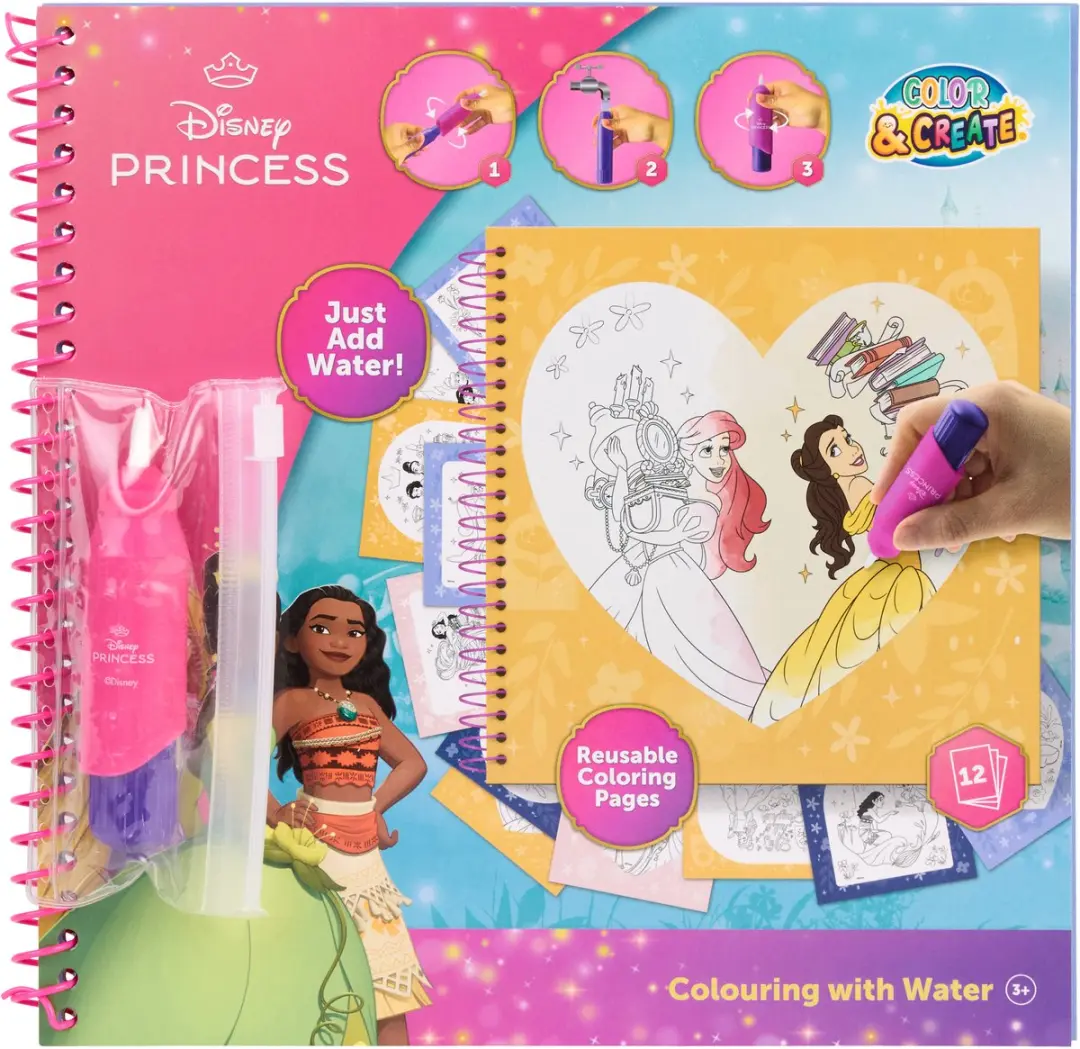 Disney Princess waterkleurboek, 12 herbruikbare kleurplaten