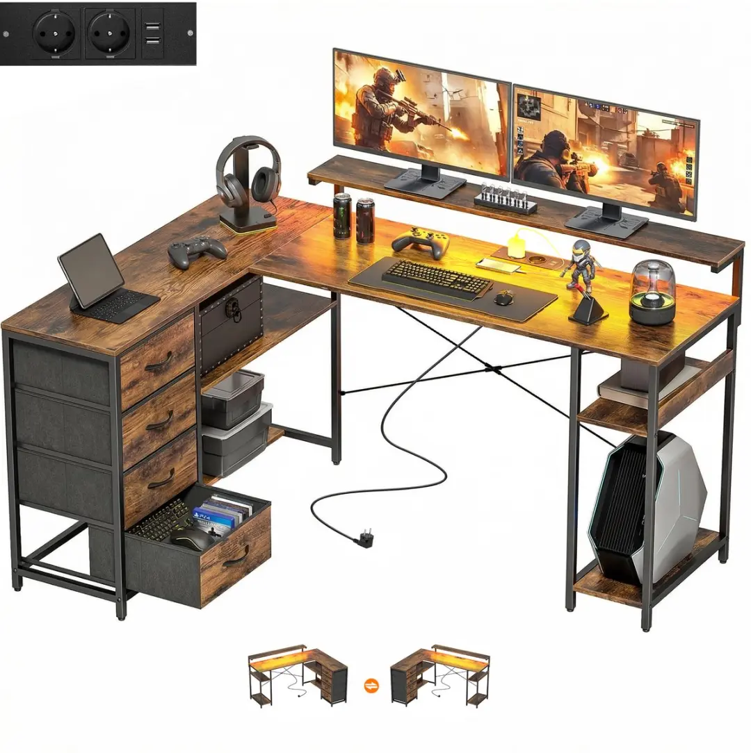 Homcom Gaming Bureau-Spaanplaat, staal-155L x 110B x 91,4H cm-Rustiek bruin