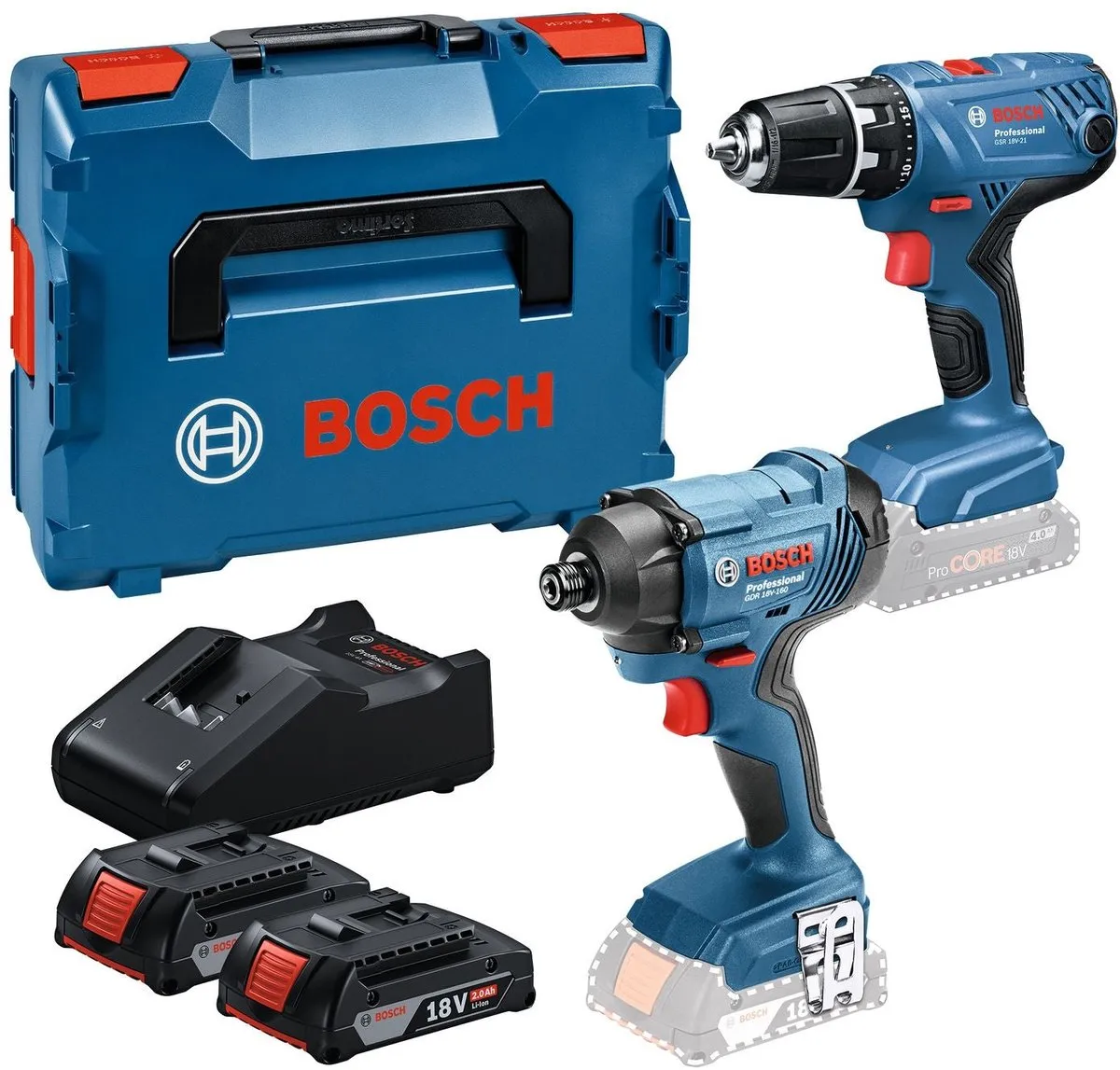 Bosch Professional GSR 18V-21 GDR 18V-160 Combiset - 2x 2.0Ah Accu