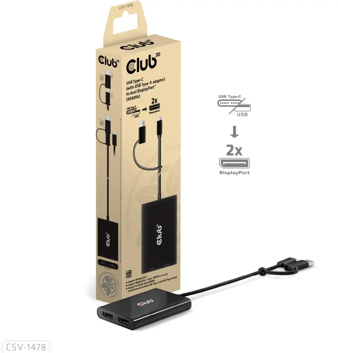 CLUB3D CSV-1478 Video Splitter USB-C 2x DisplayPort