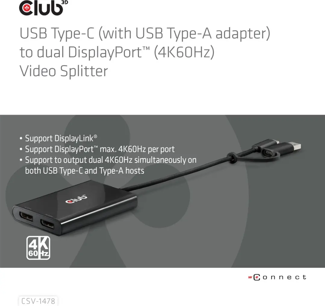 CLUB3D CSV-1478 Video Splitter USB-C 2x DisplayPort - Zwart - afbeelding 5 van 6