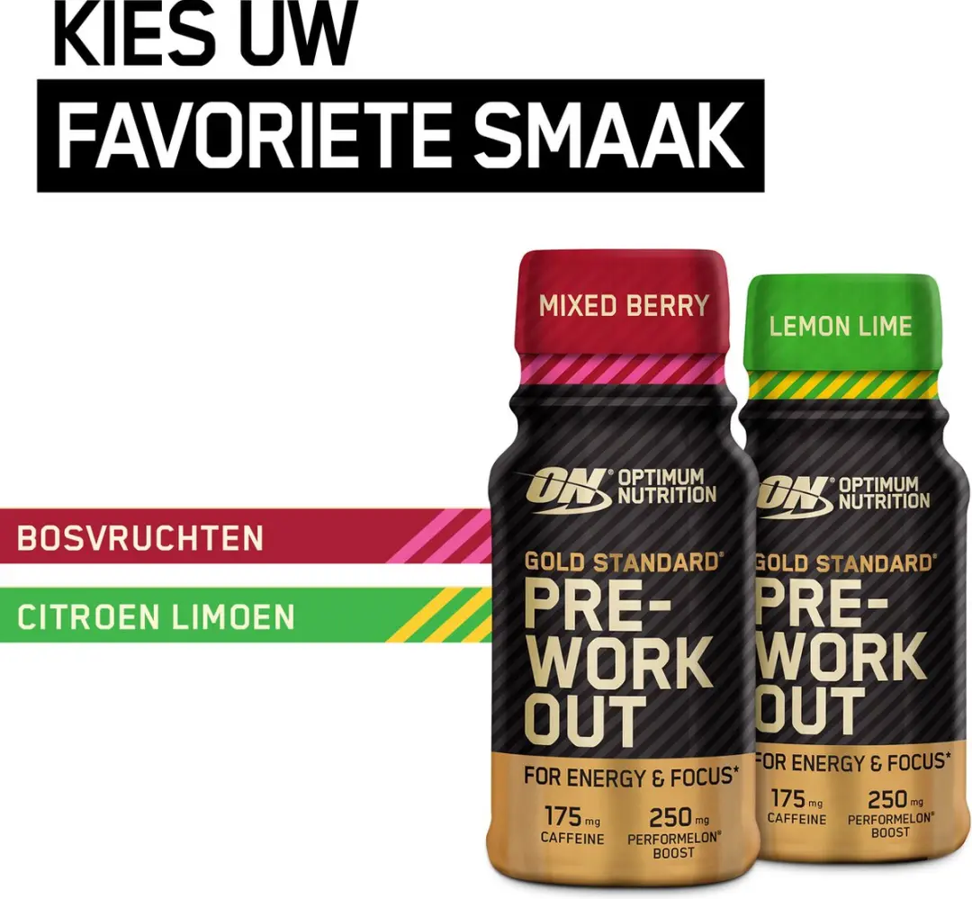 Optimum Nutrition Gold Standard Pre-Workout Shots - 12x60ml Mixed Berries - afbeelding 2 van 6