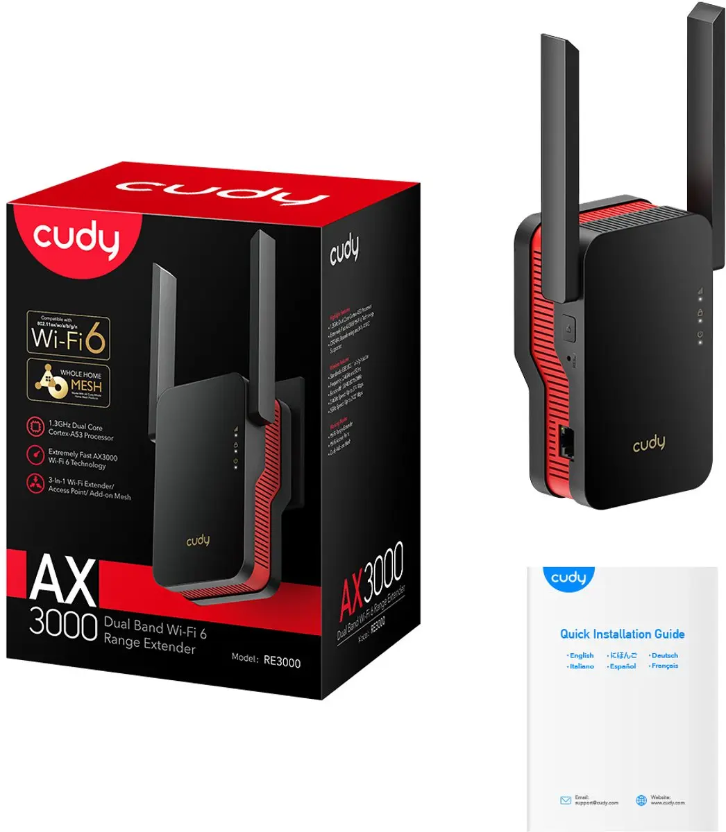 Cudy RE3000 Wi-Fi-signaalversterker - 4x Ethernet - 3 Antennes - Nero/Rosso - afbeelding 4 van 6