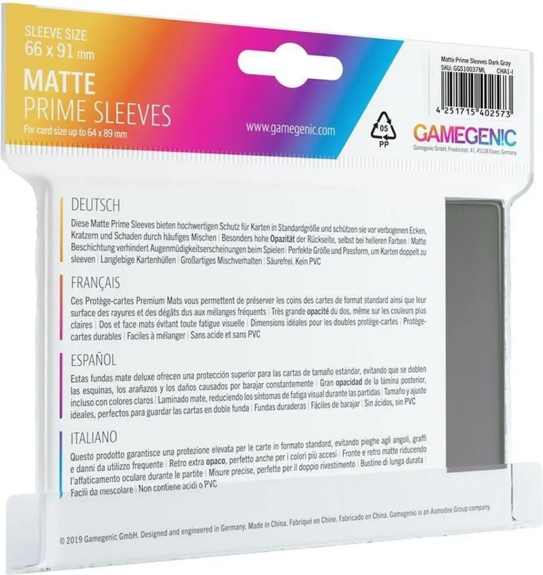 Gamegenic Matte Prime Sleeves - 100 Stuks - Donkergrijs