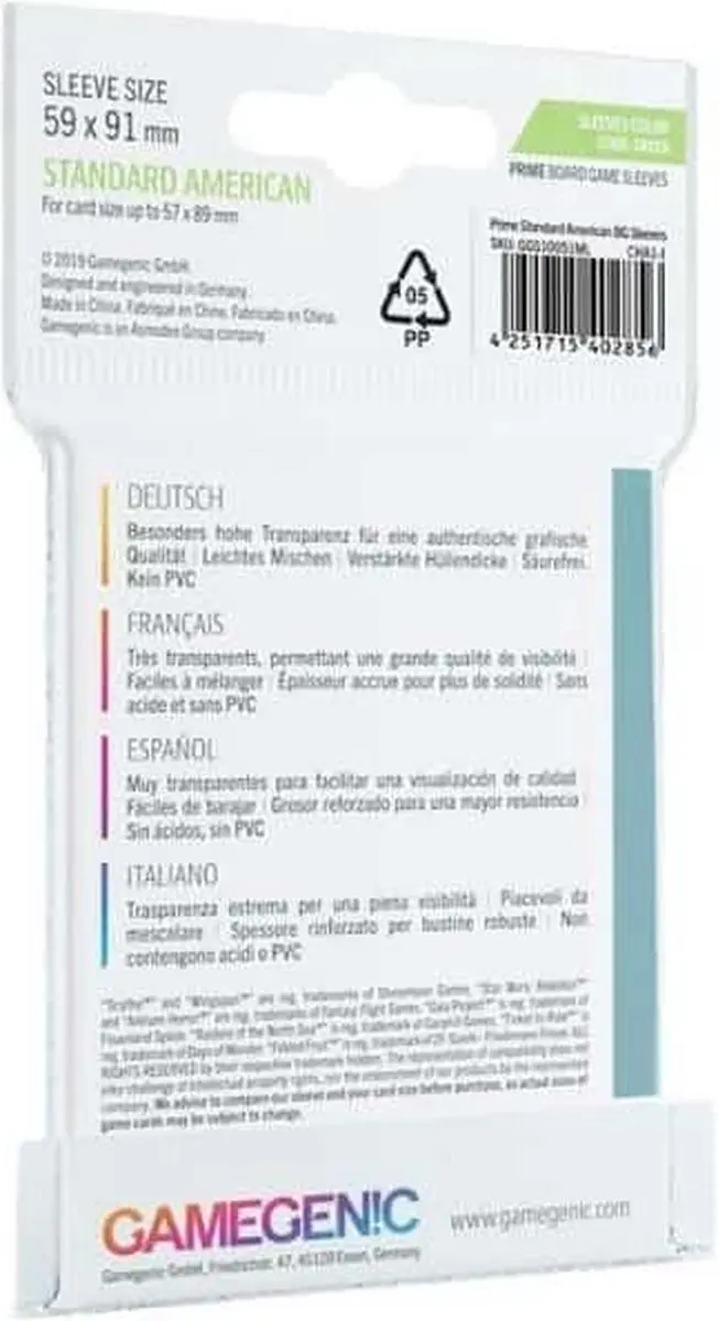 Gamegenic Prime Standard Boardgame Sleeves 59x91mm - 50 Stuks