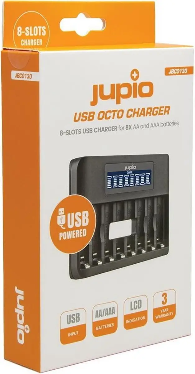 Jupio USB 8-slots Octo Battery Charger LCD - AA/AAA - Zwart