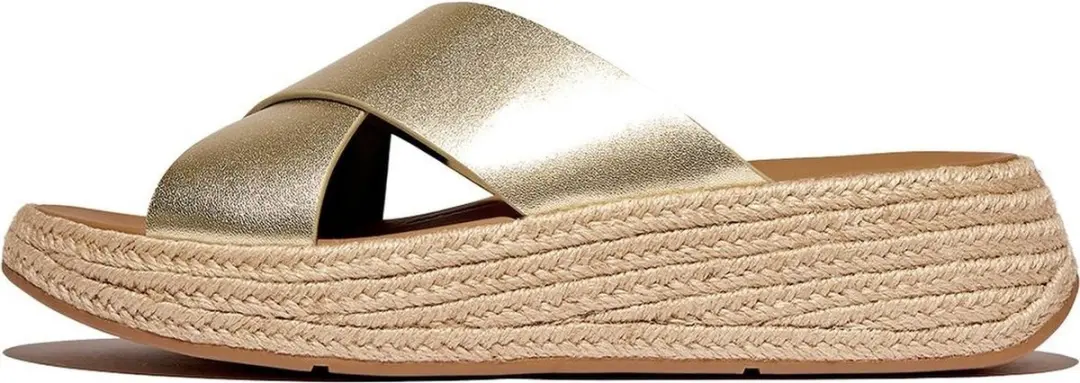 FitFlop FitFlop F-Mode Espadrille Leather Flatform Cross Slides GOUD