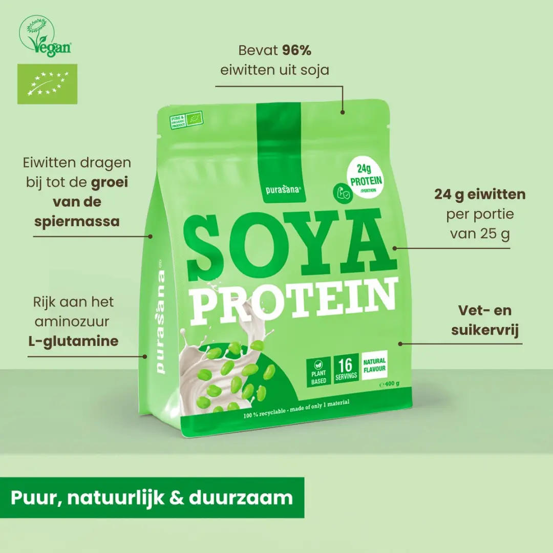 Purasana Soya Protein Powder Natural 400g - afbeelding 6 van 6