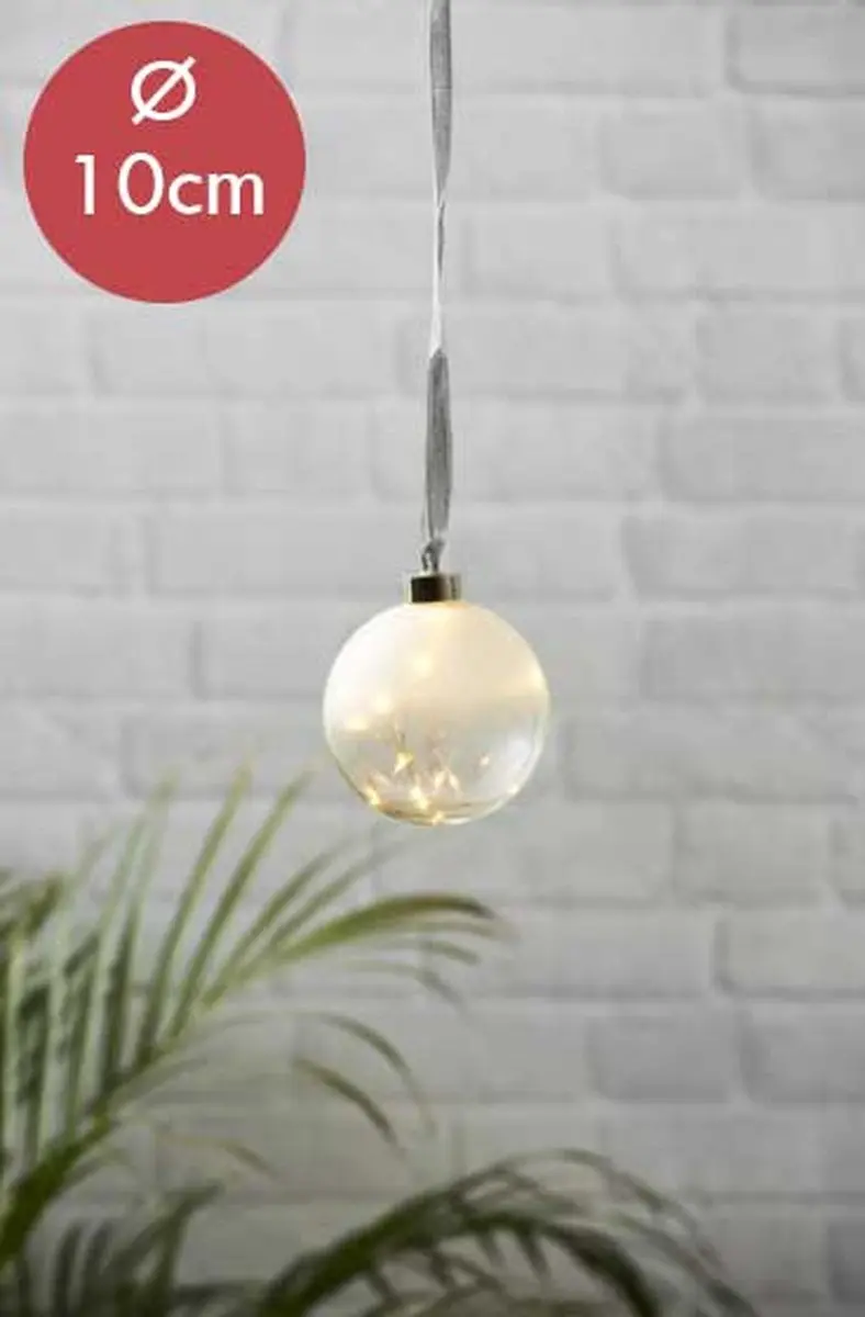 Kerstbal met lampjes 10cm -Frosted -lichtkleur: Warm Wit -Werkt op batterijen -M