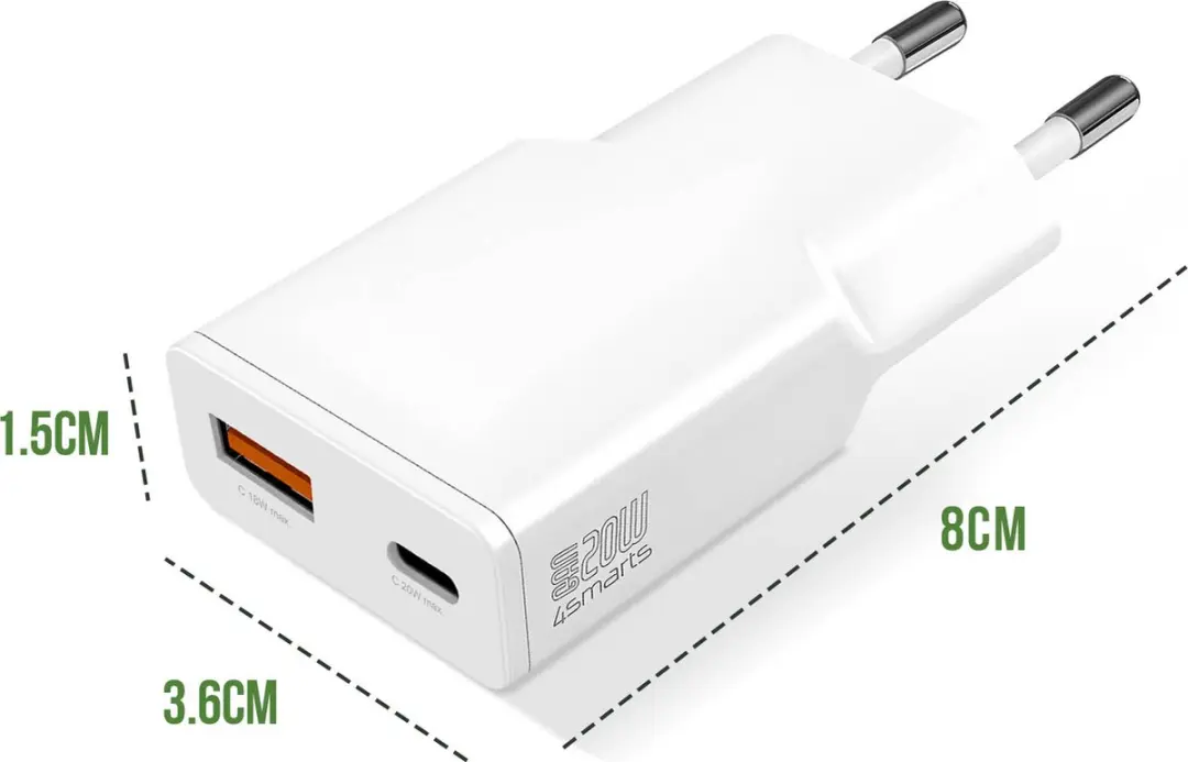 4Smarts 541122 GaN Oplader 20W - USB-C PD + USB-A QC - Wit - afbeelding 3 van 6