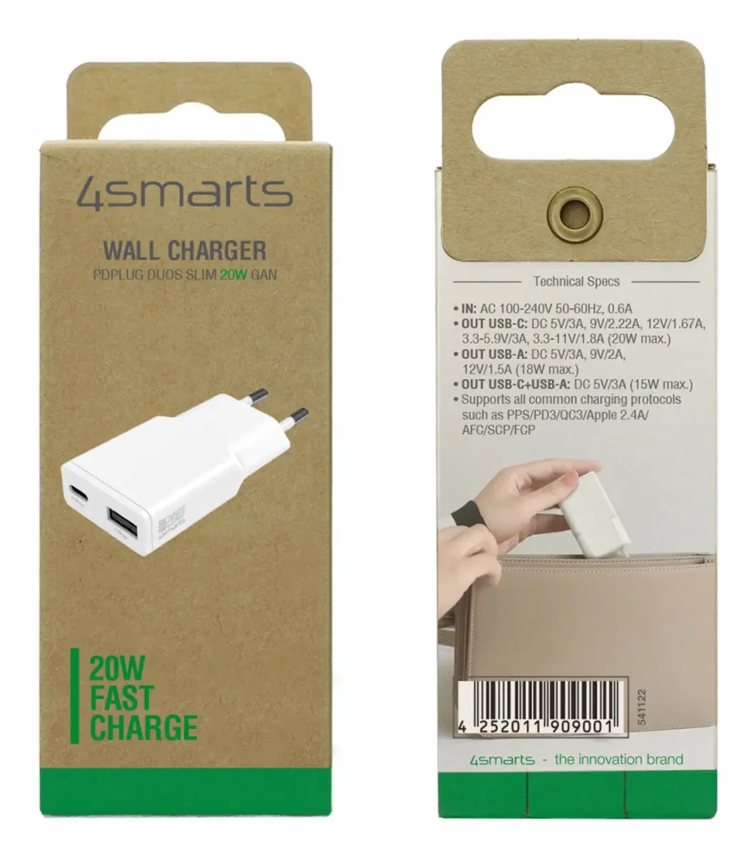 4Smarts 541122 GaN Oplader 20W - USB-C PD + USB-A QC - Wit - afbeelding 6 van 6