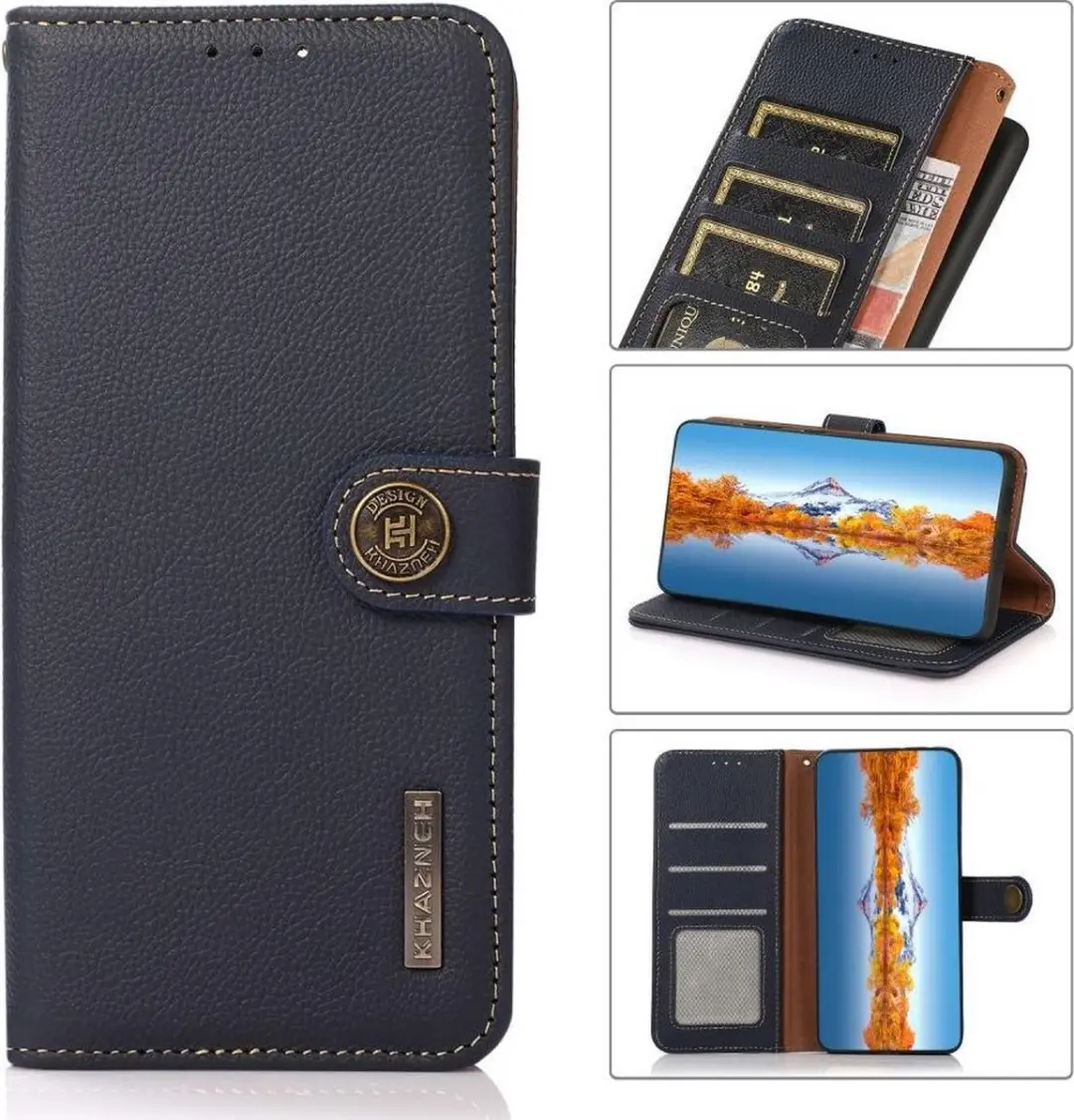 Khazneh Bookcase Hoesje Echt Leer Blauw - Samsung Galaxy S21 FE - afbeelding 3 van 6