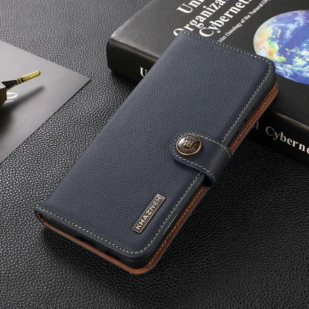Khazneh Bookcase Hoesje Echt Leer Blauw - Samsung Galaxy S21 FE - afbeelding 4 van 6