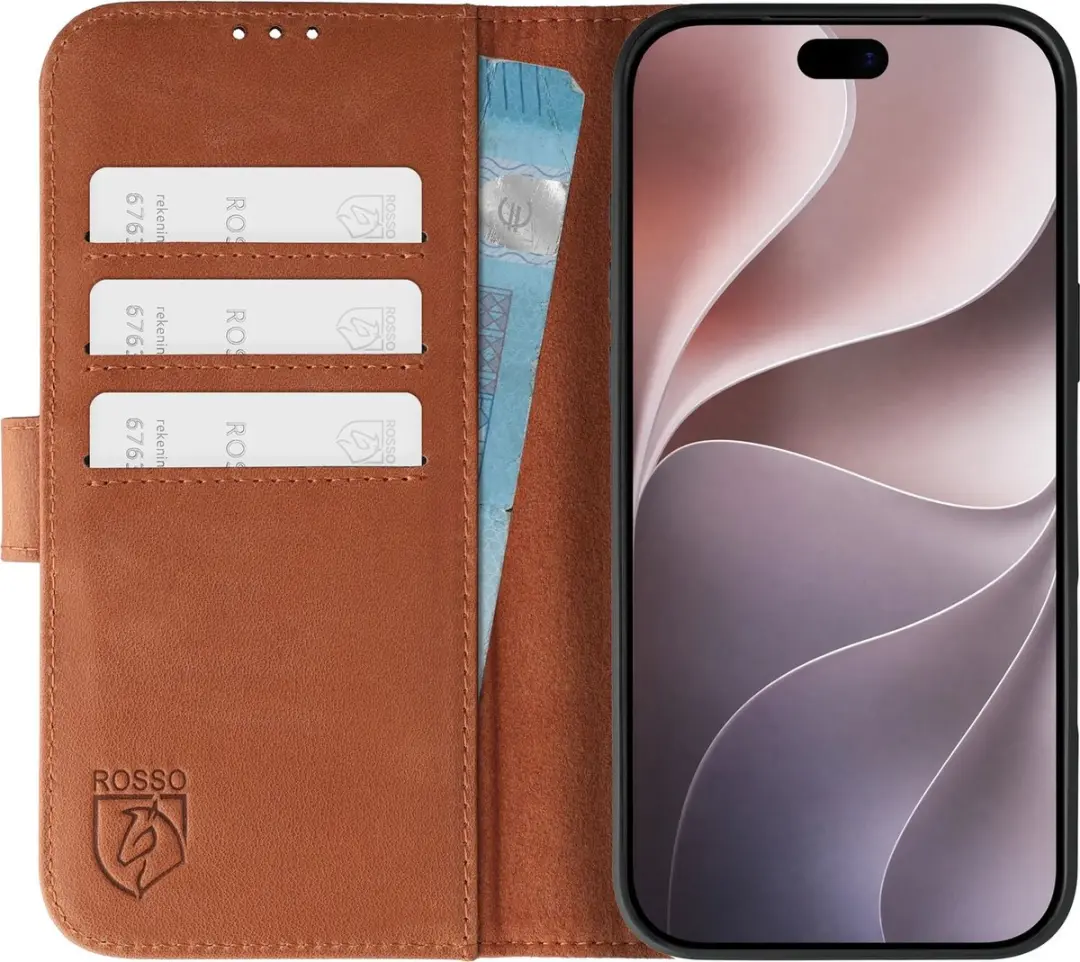 Rosso Deluxe Echt Leer Hoesje iPhone 18 Pro - 3 Pasjes - Bruin - afbeelding 2 van 6